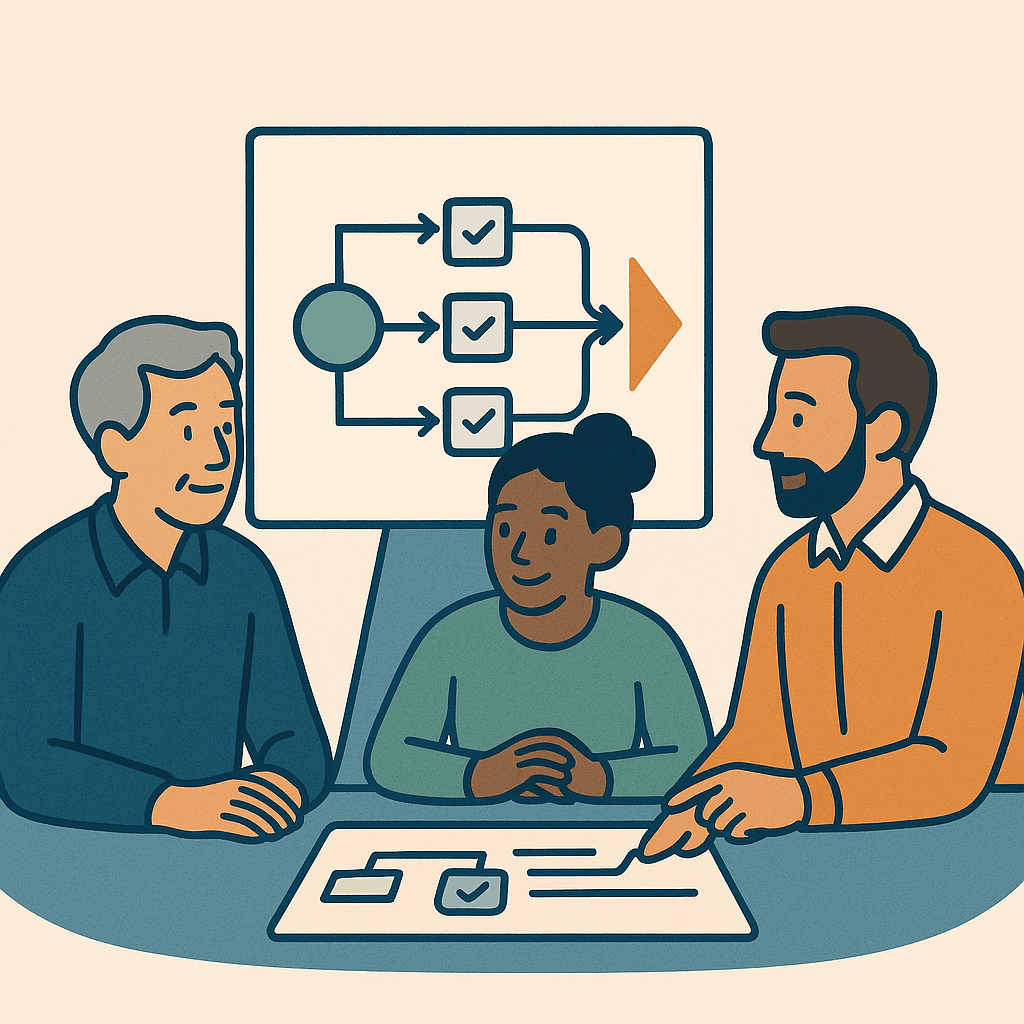 Illustration of nonprofit board and staff collaborating around a roadmap, symbolizing shared direction and strategic clarity.