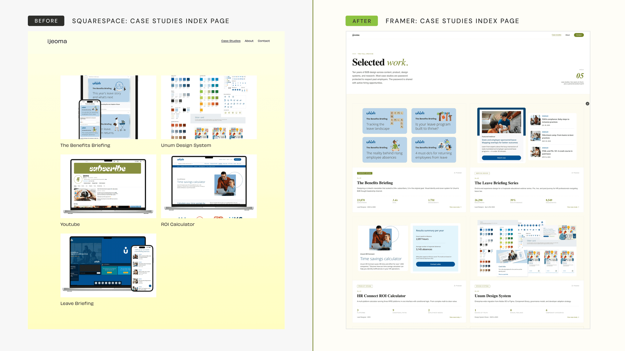 Portfolio rebuild hero — Squarespace site before, Framer site after
