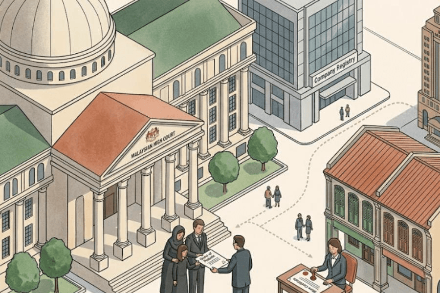 Editorial illustration of a family and lawyer completing share transmission documents outside the Malaysian High Court, with a company registry office and Bursa Malaysia tower in the background