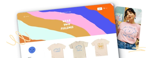 Colorful online store interface featuring playful T-shirt designs and a woman wearing a pink graphic tee, expressive brand slogan "Wear Your Feelings".