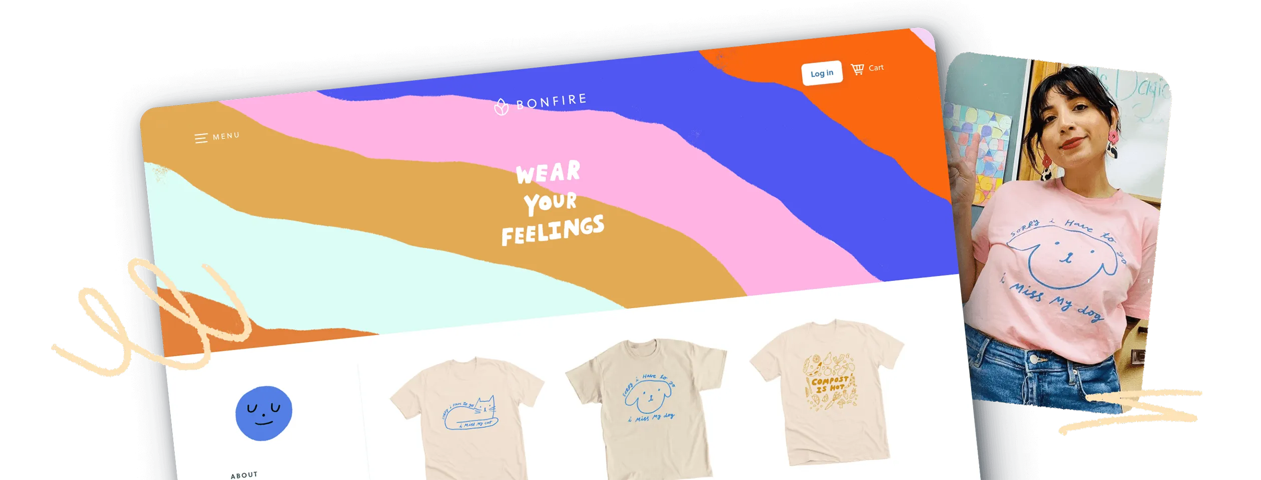 Colorful online store interface featuring playful T-shirt designs and a woman wearing a pink graphic tee, expressive brand slogan "Wear Your Feelings".