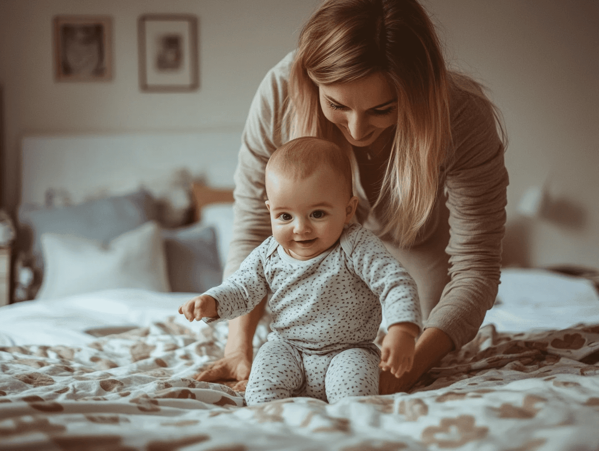 Mom putting baby into pyjamas