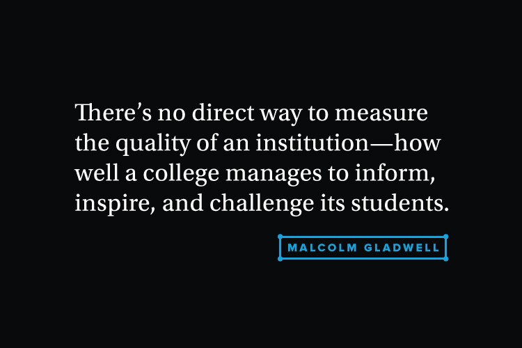A quote by Malcolm Gladwell on a black background reads: “There’s no direct way to measure the quality of an institution—how well a college manages to inform, inspire, and challenge its students.” The author’s name, “MALCOLM GLADWELL,” is displayed in a light blue rectangular box below the quote.