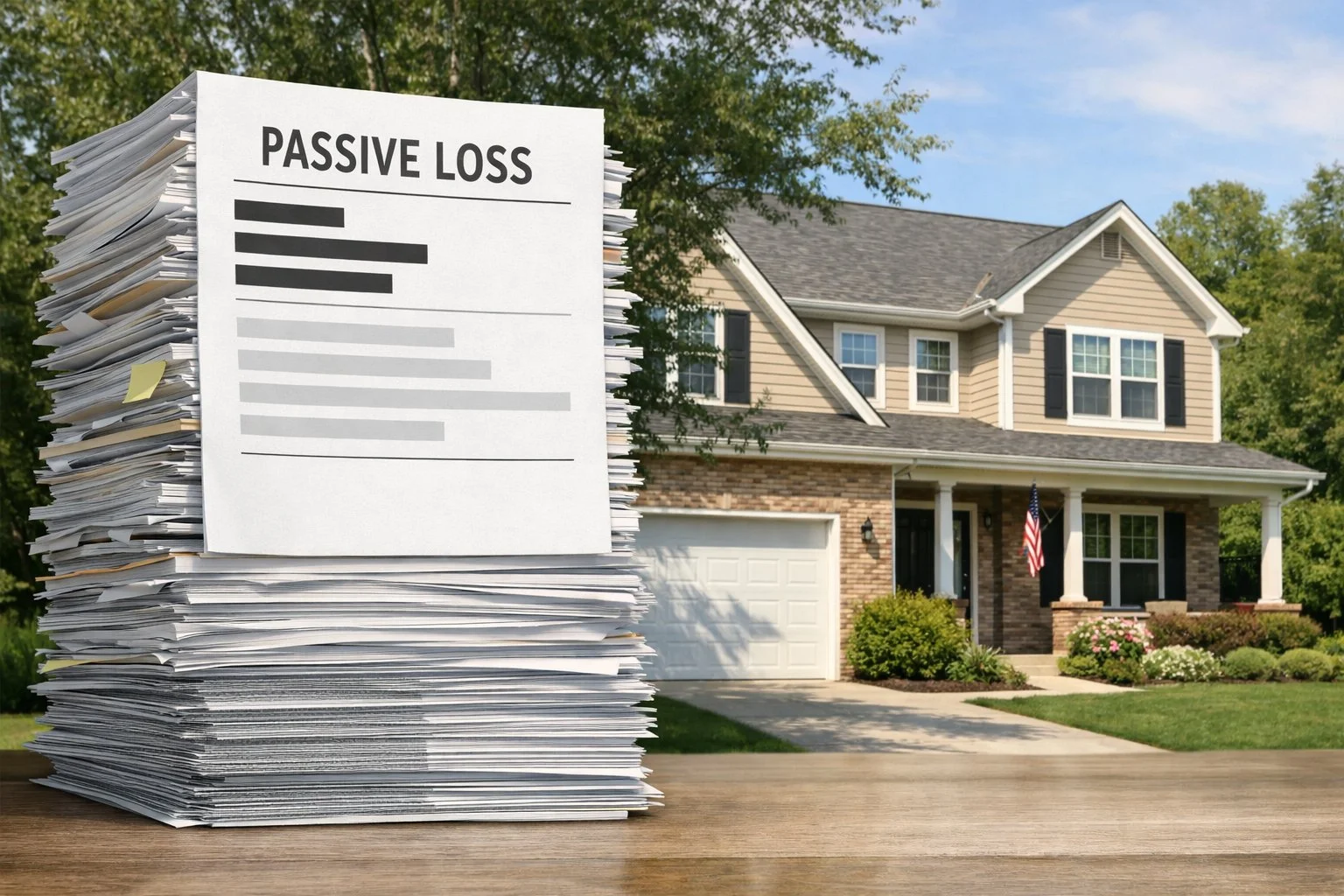 Stacked documents labeled passive loss next to a residential property, with subtle shading indicating unused losses carried forward.
