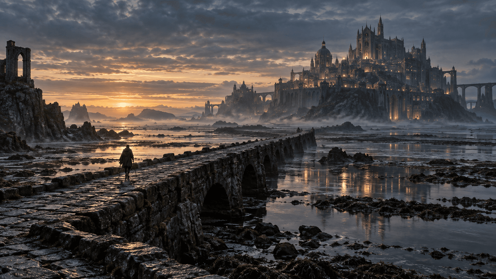 A traveler crosses a tidal causeway toward a monumental coastal city at dawn.