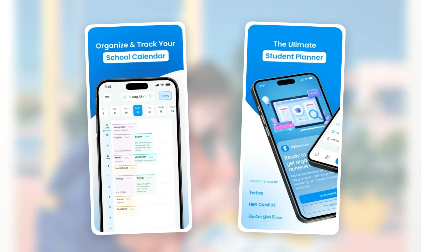 Official MyStudyLife screens showing a school calendar and student-planner overview.