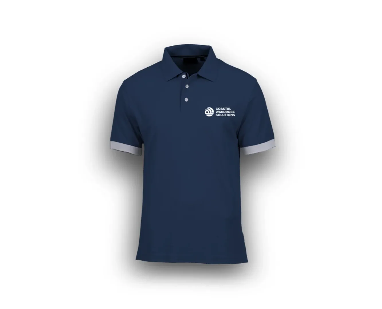Custom corporate uniform design for Coastal Wardrobe Solutions, featuring the white minimalist logo embroidered on a premium navy blue polo shirt.