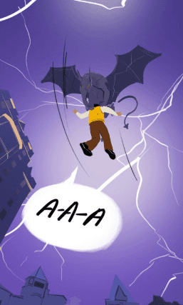 A comic depicts a winged gargoyle snatching a person named James from a dark street