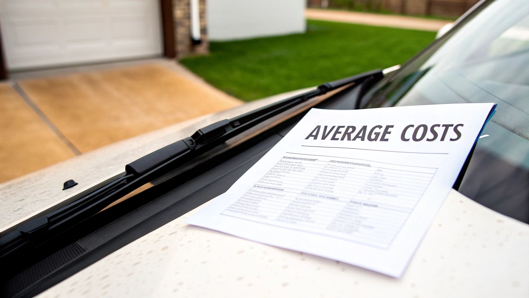 A document titled 'AVERAGE COSTS' rests on a car's hood, near windshield wipers.