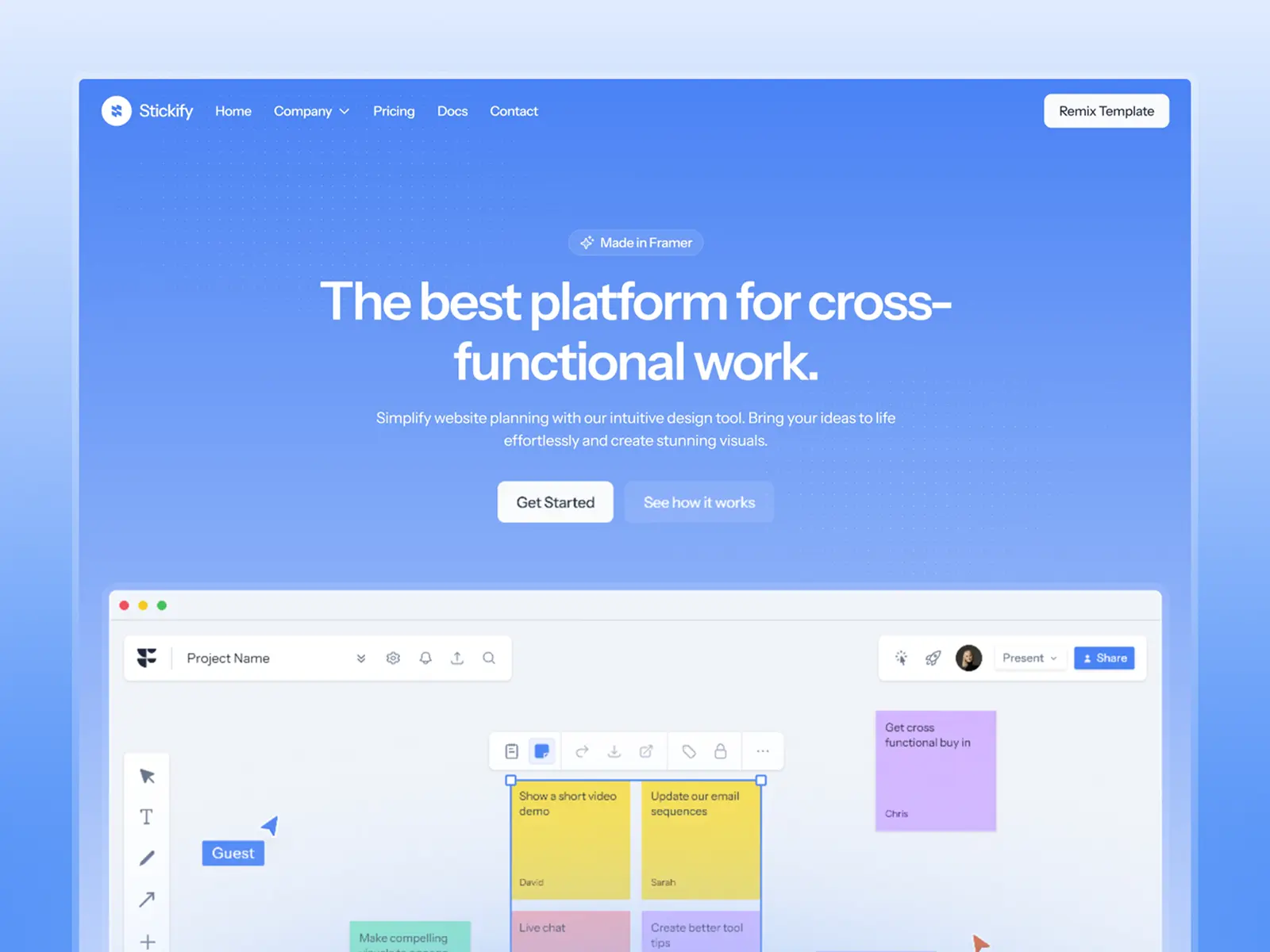 Stickify Framer template homepage for visual project planning and team collaboration with intuitive design interface