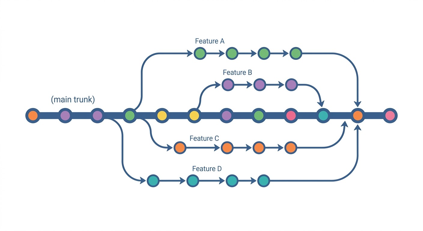 Diagram of trunk-based Git workflow showing a main branch with four short-lived feature branches merging back into the trunk