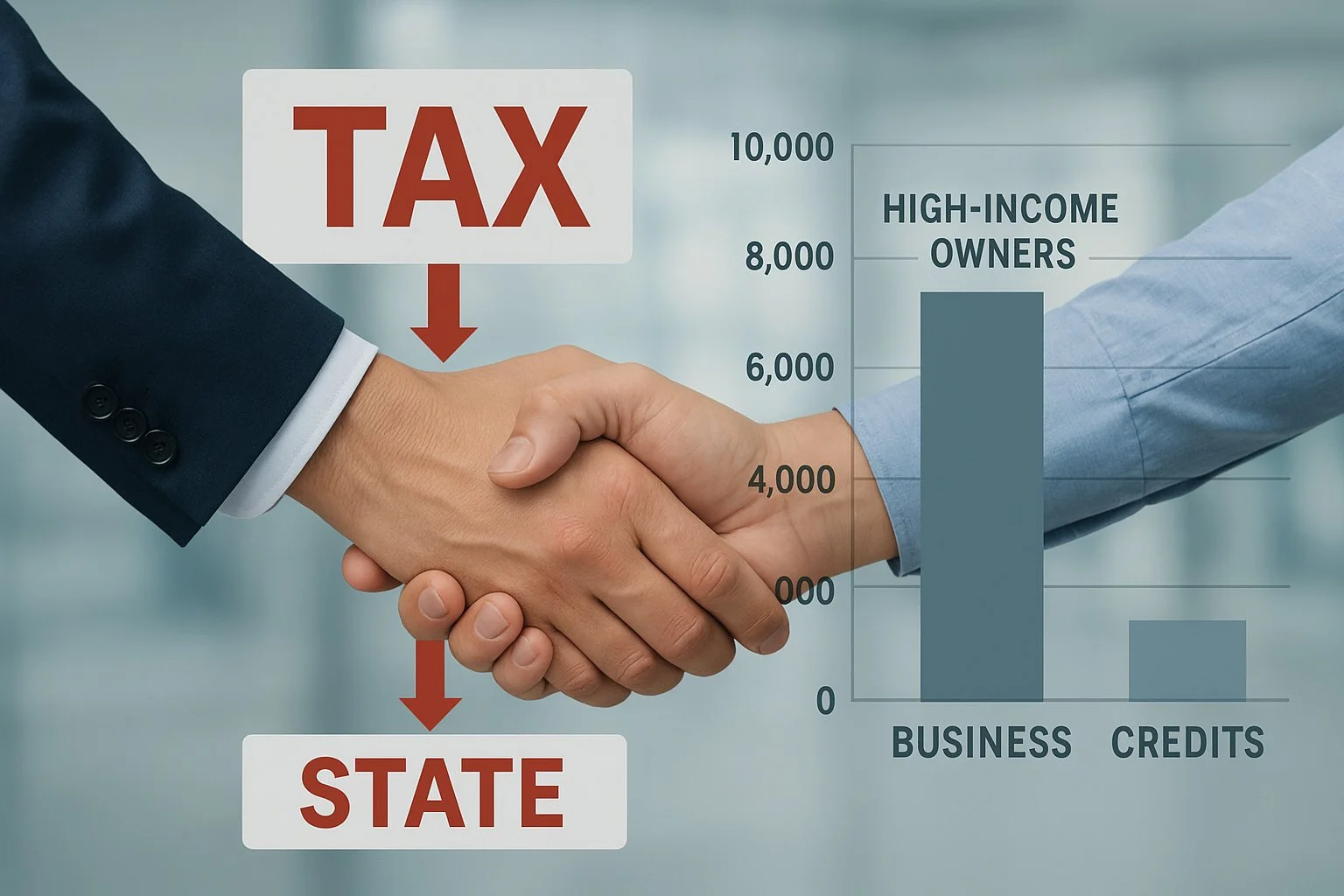Illustration showing a business partnership with a large tax payment flowing to the state, while owners receive tax credits.