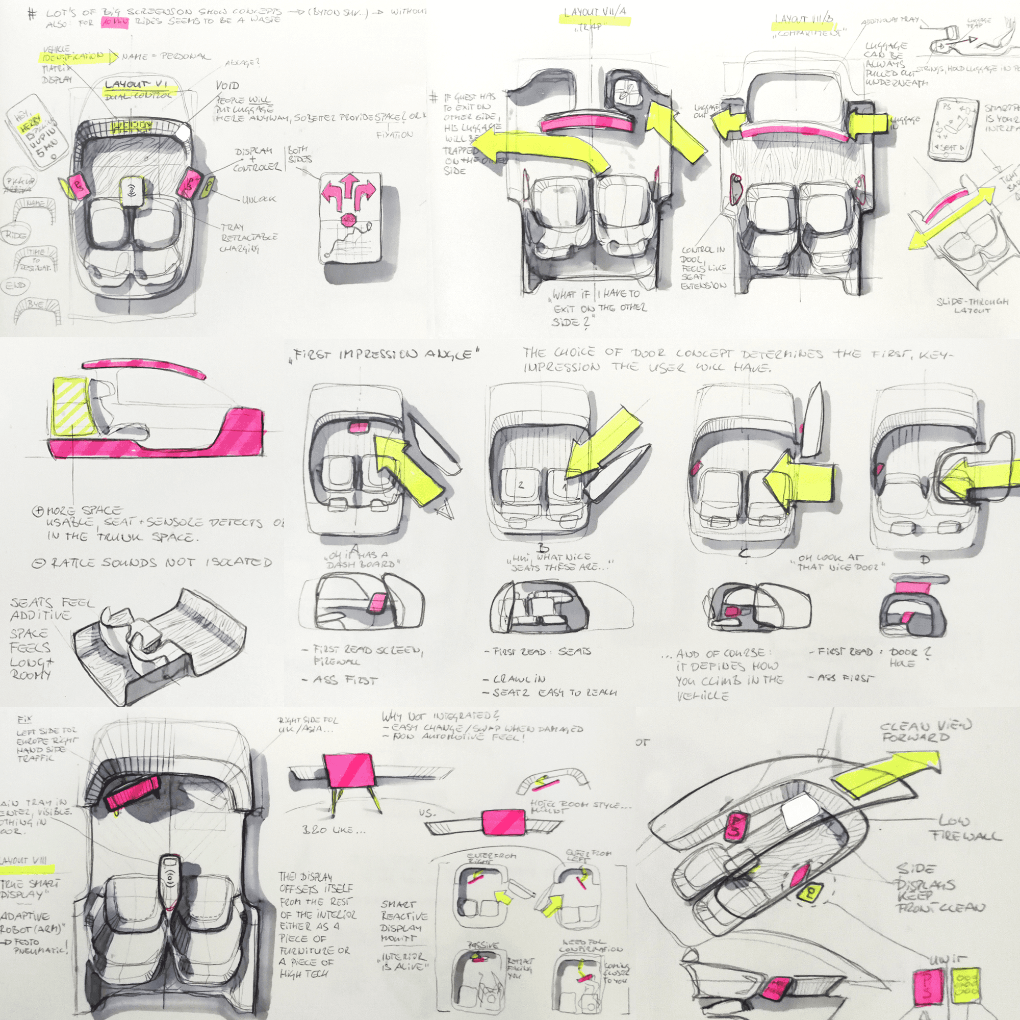 Simple pencil sketches of car interiors and layout.