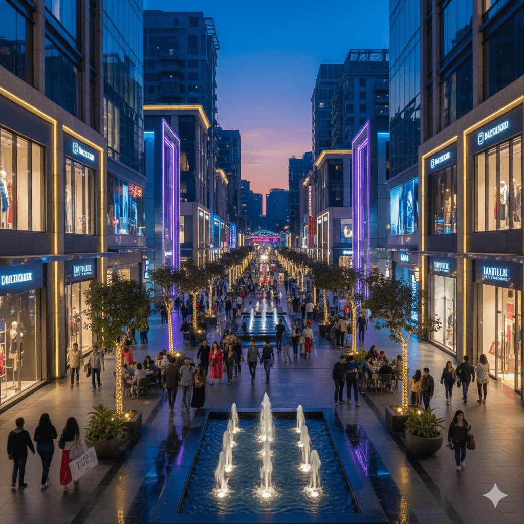 High-end open-air retail promenade with neon-lit storefronts and water fountains in Sector 113