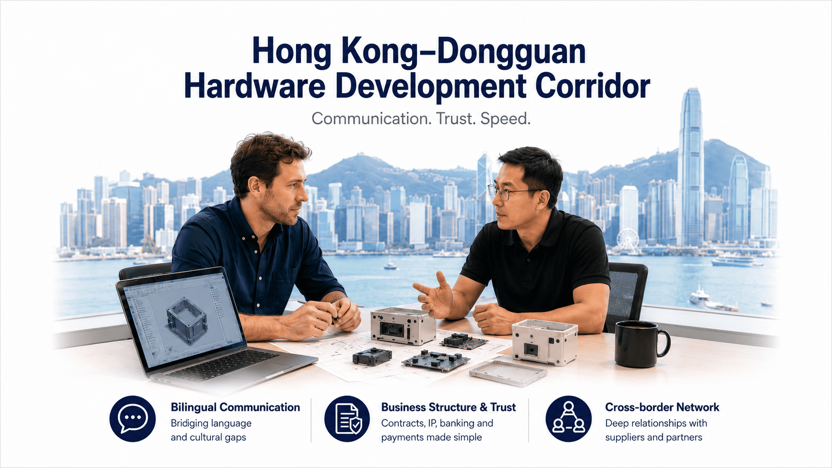 Hardware startup founder and Hong Kong-based engineer reviewing product prototypes with the Hong Kong skyline in the background.