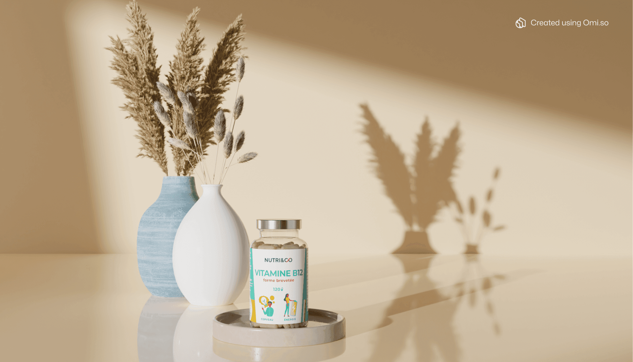 Vitamine B12 supplement bottle next to vases and dried flowers in beige minimalistic setting