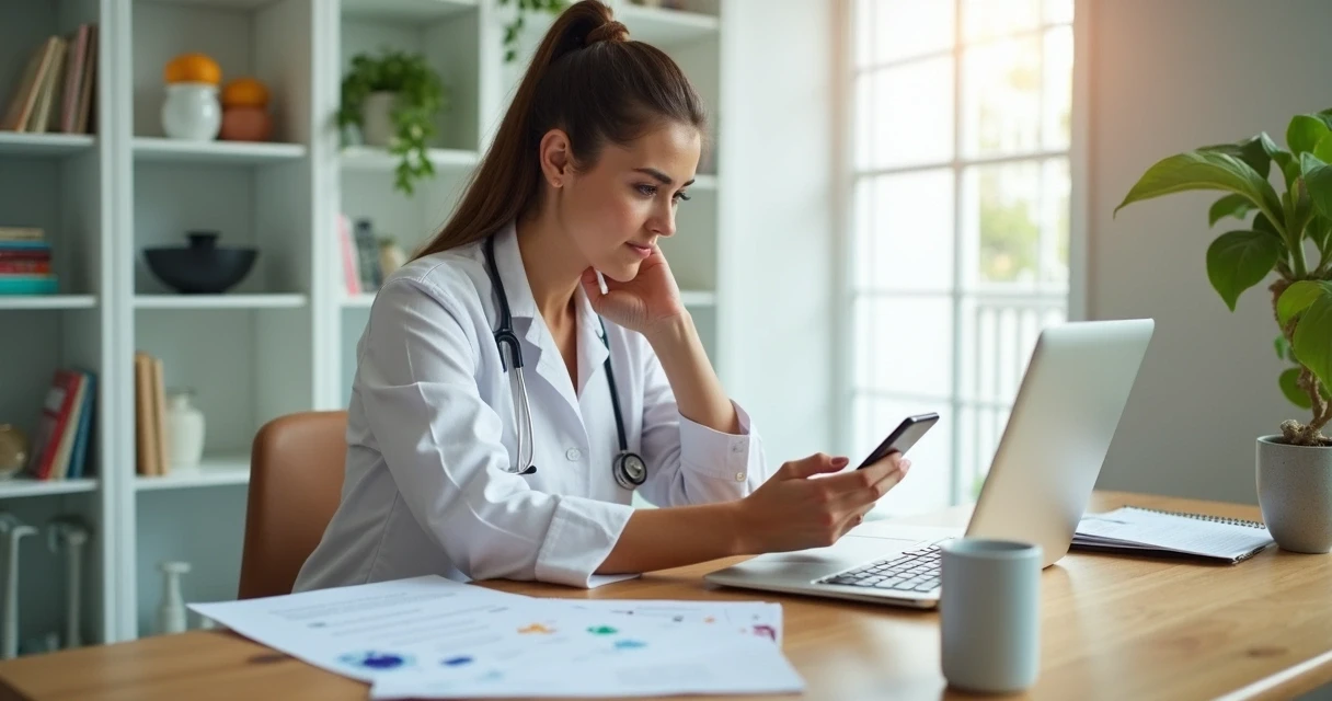 Nutricionista usando celular com tela de mensagens aberta 