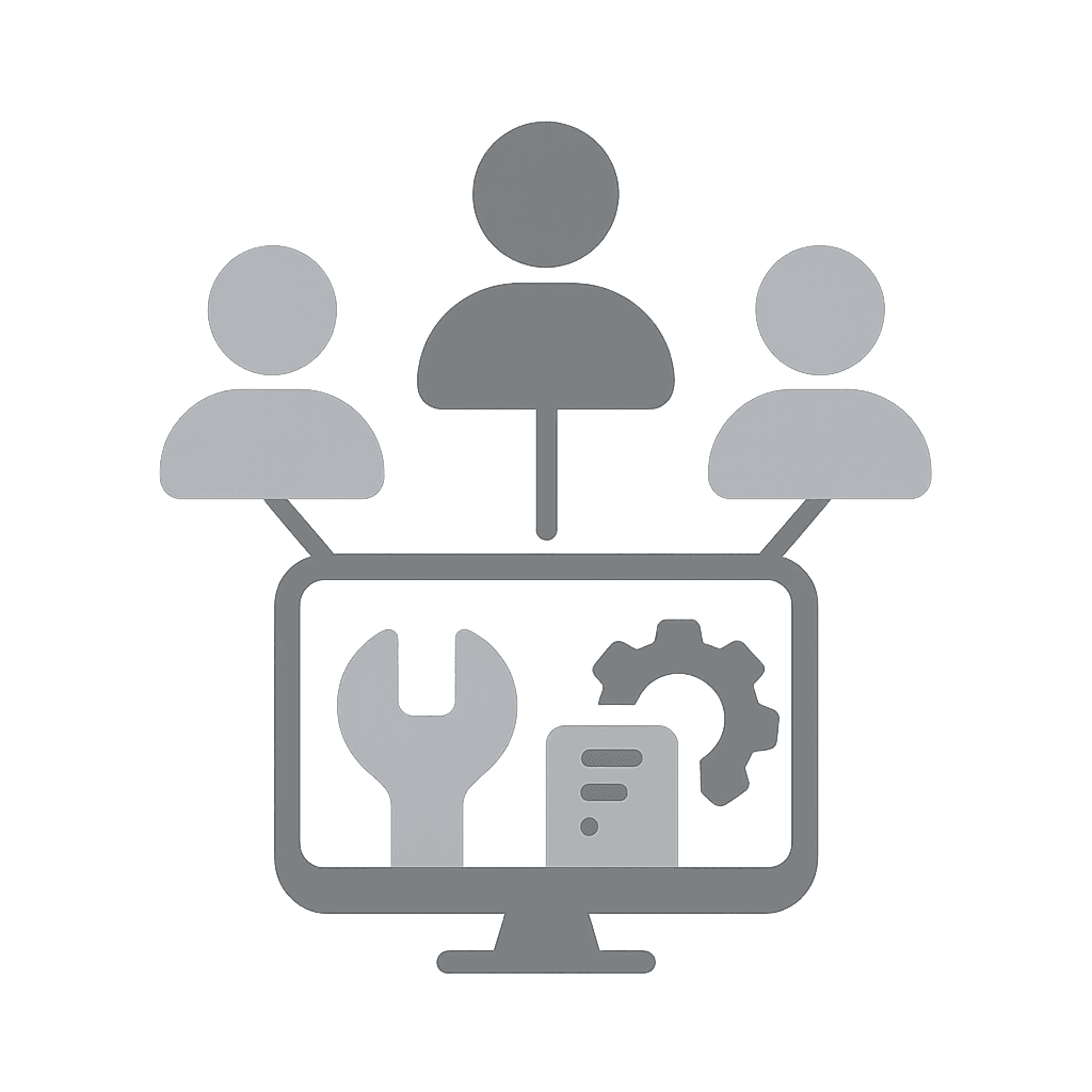 Illustration mit drei verbundenen Benutzer-Icons, Dokument und Zahnrad – stellt digitale Kollaboration, Teamwork und gemeinsame Strukturen dar.