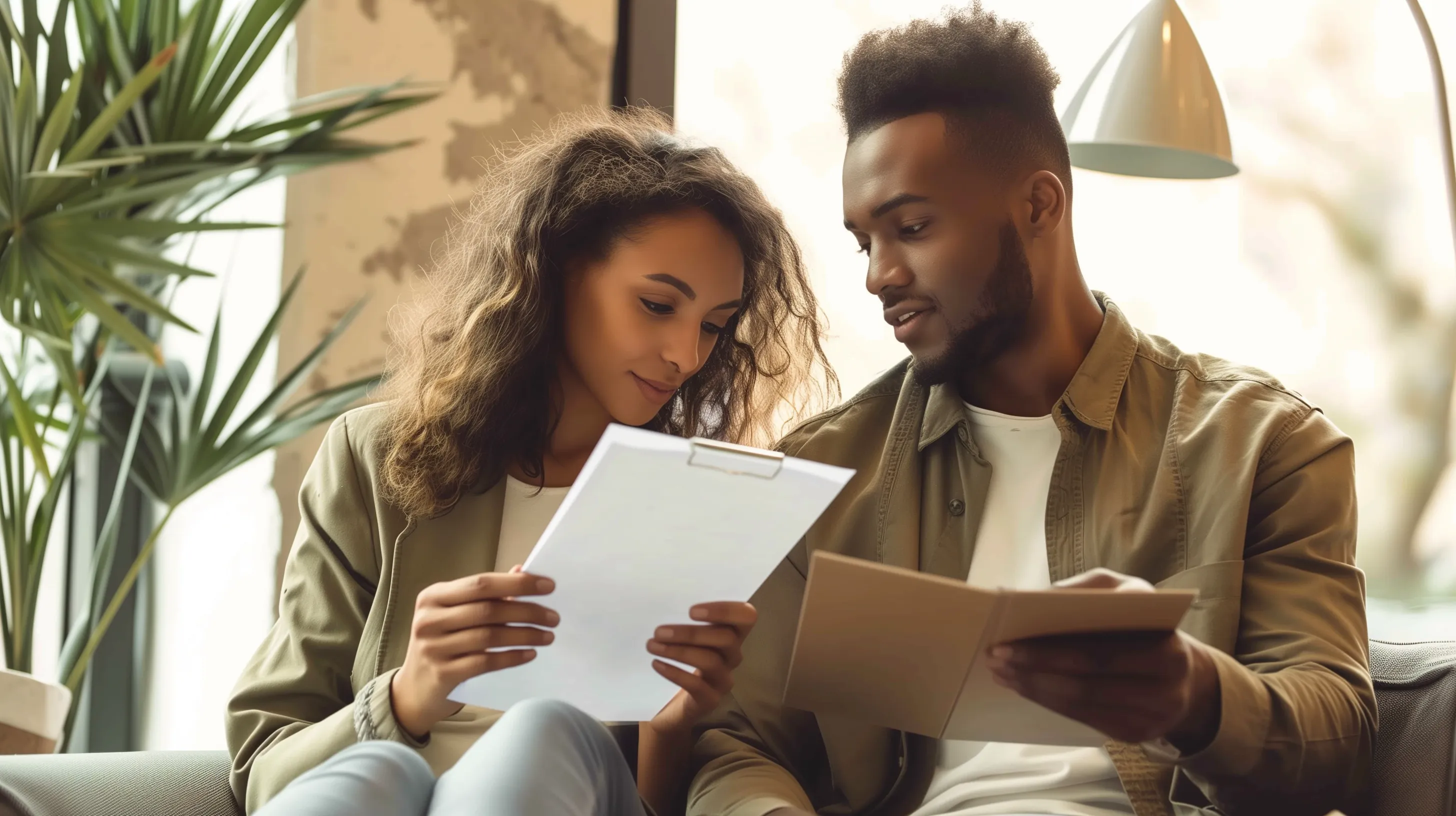 Engaged couple reviewing relationship assessment results during premarital counselling session