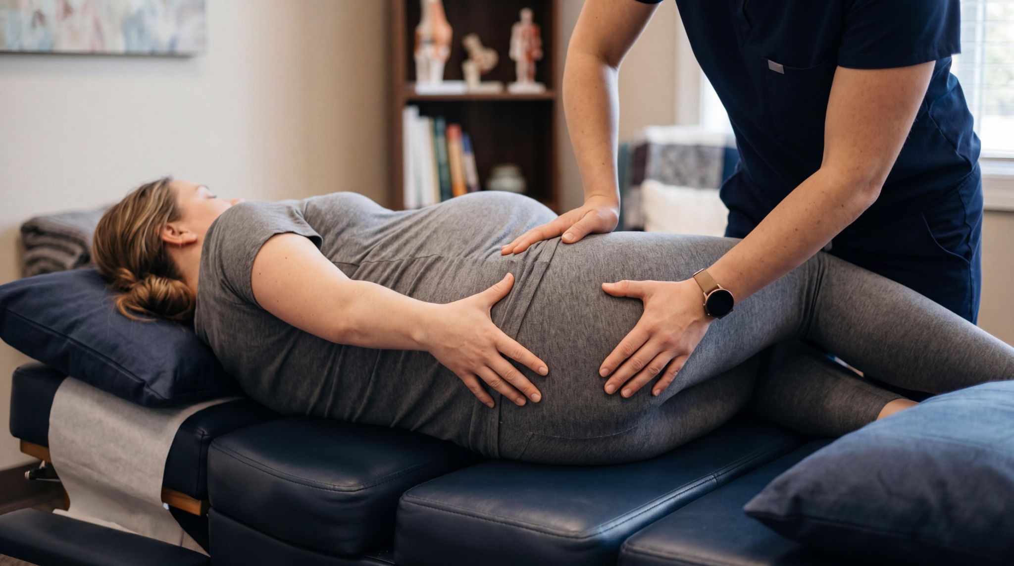 Chiropractor adjusting a pregnant woman's hip and lower back on a treatment table.