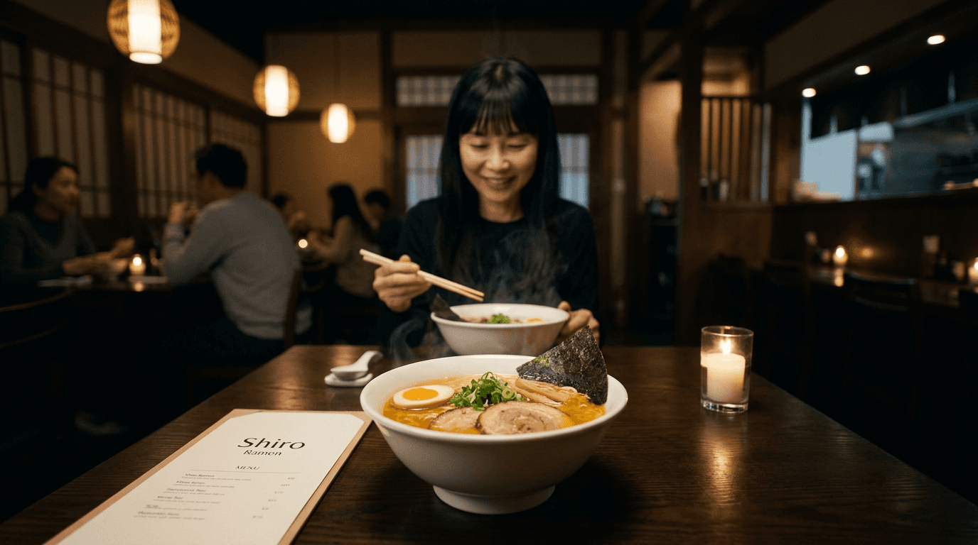 A cinematic AI-generated restaurant advertisement showing a premium ramen bowl with a Shiro Ramen menu card in a warmly lit Japanese restaurant interior — Penguincil Design