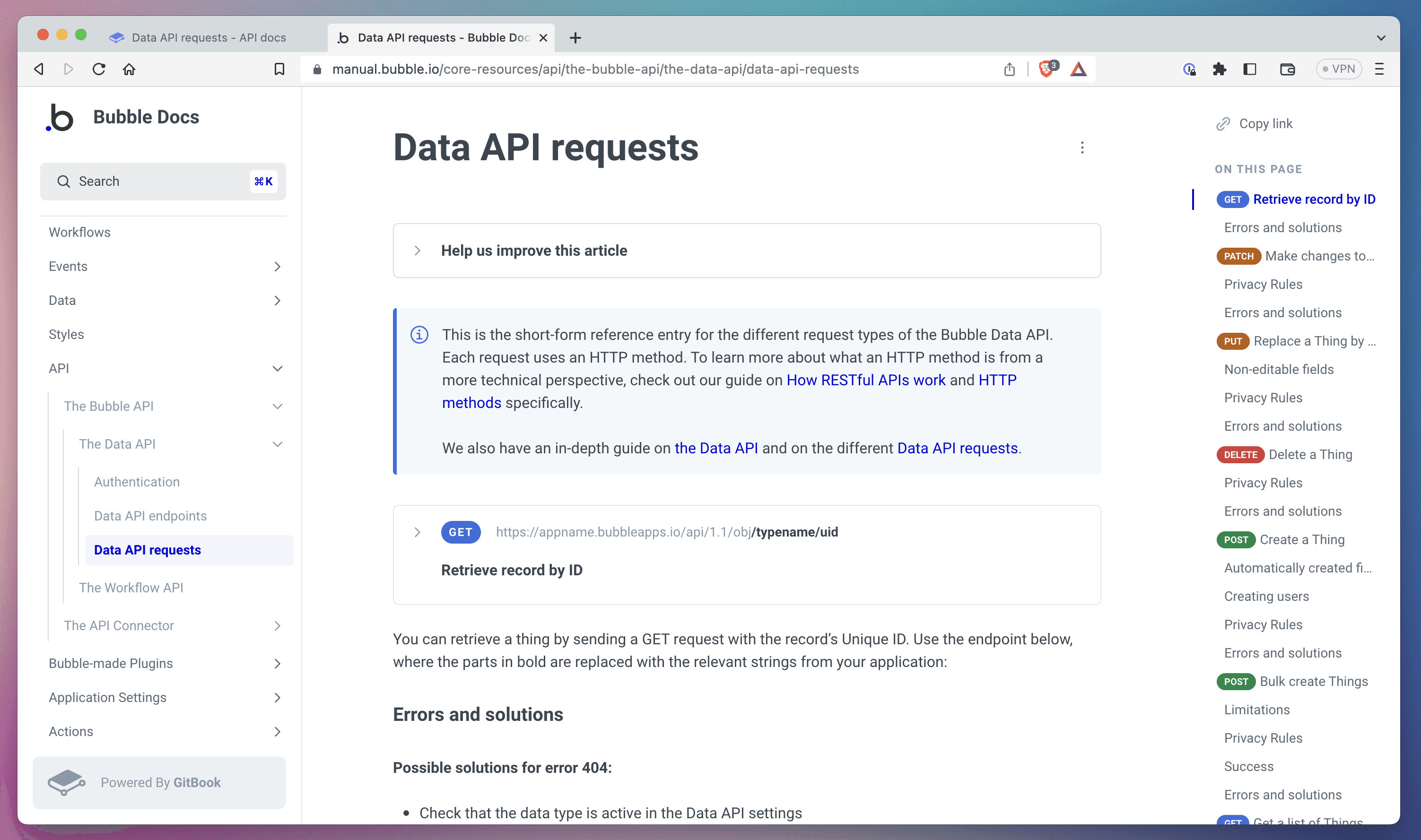 A screenshot of Bubble’s documentation as an example of API documentation