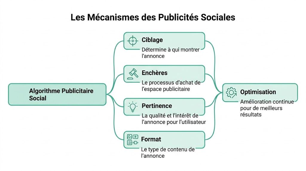 Schéma explicatif présentant les quatre mécanismes clés des algorithmes de publicités sur les réseaux sociaux.