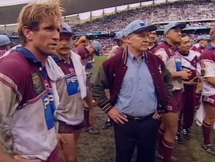 Archival on-field image of a Queensland rugby league team