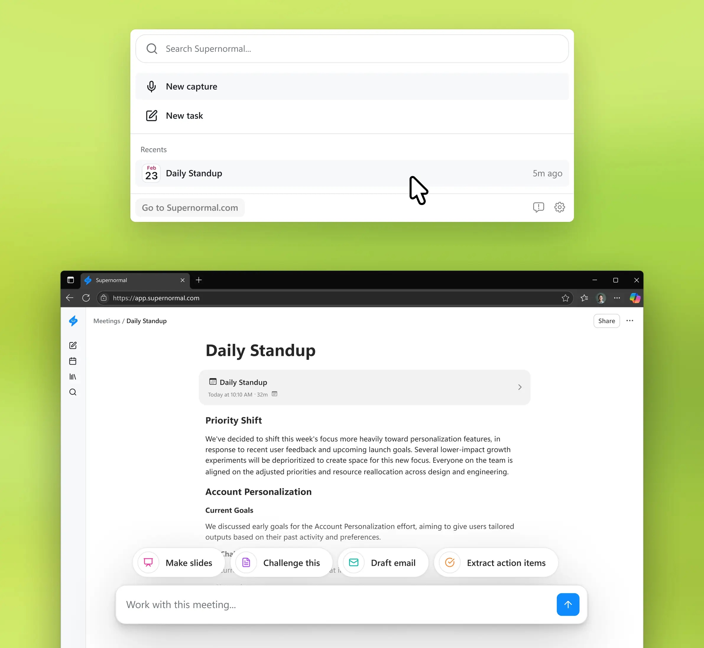 Supernormal web app showing personalized post-meeting suggestions after clicking the Desktop App button to open your meeting in Supernormal, where you can instantly generate follow-up emails, documents, calendar invites, and more.