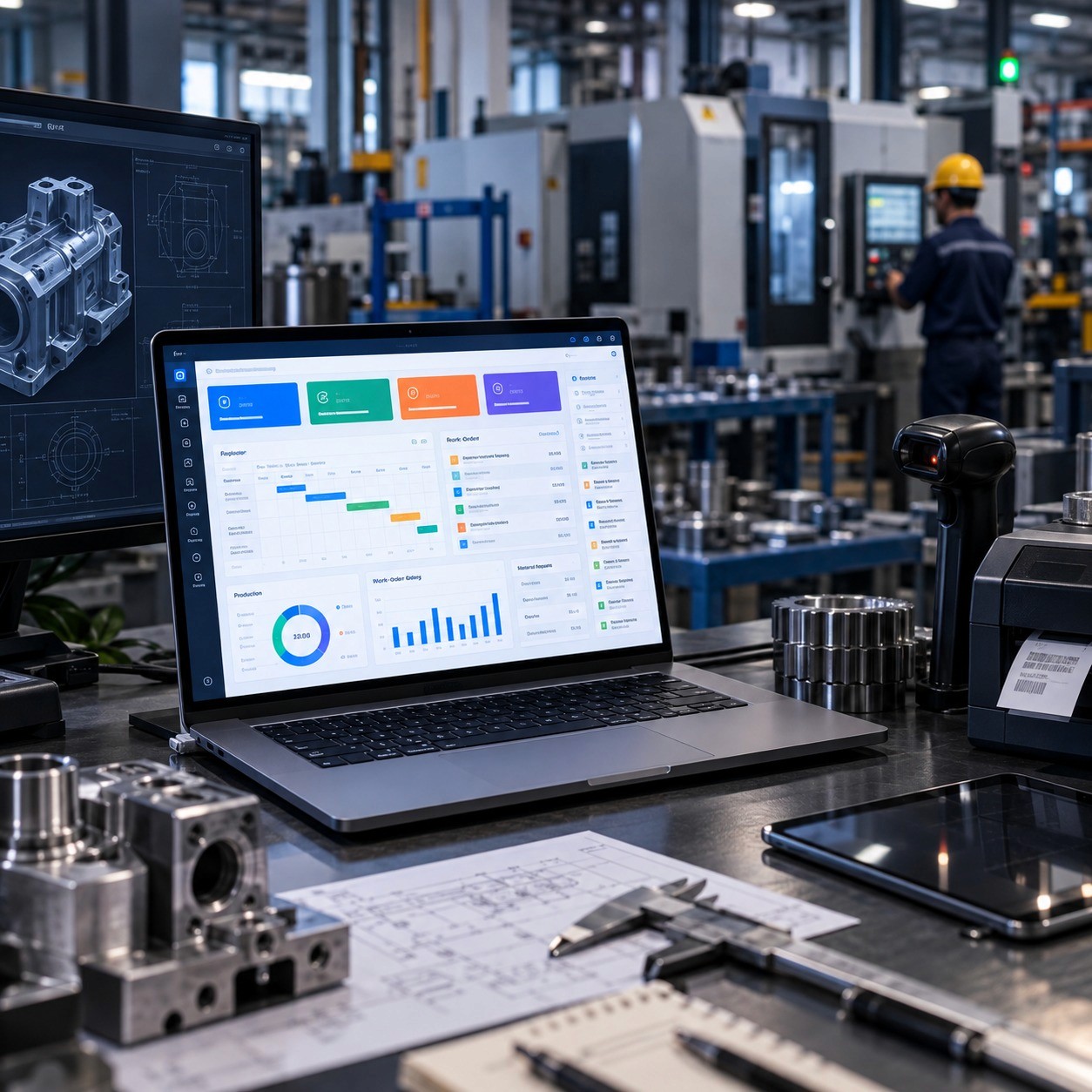 Manufacturing ERP implementation graphic representing ERPNext automation for factory operations