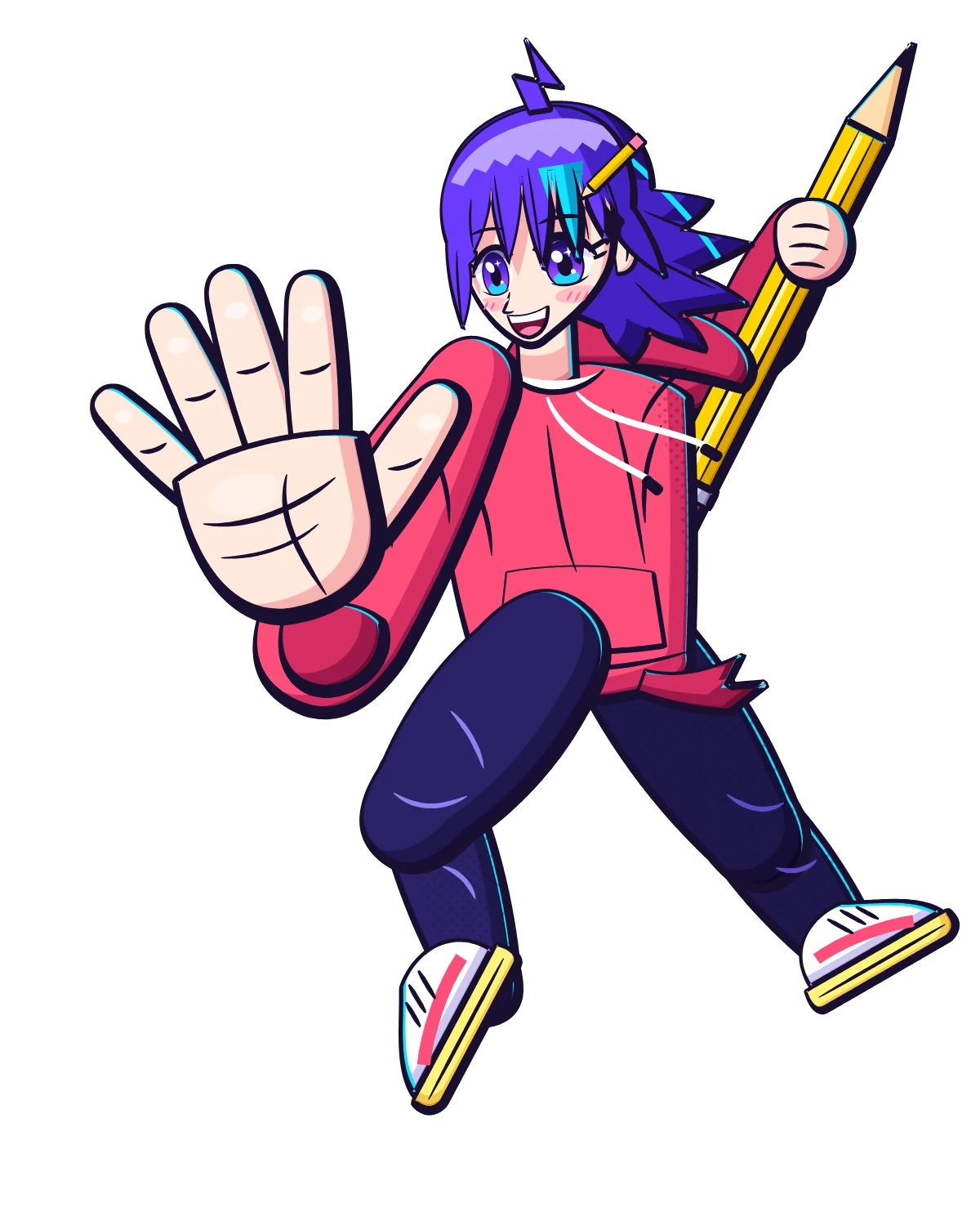 Aki, an original anime-style illustrator character, bursting out of the panel with a giant pencil