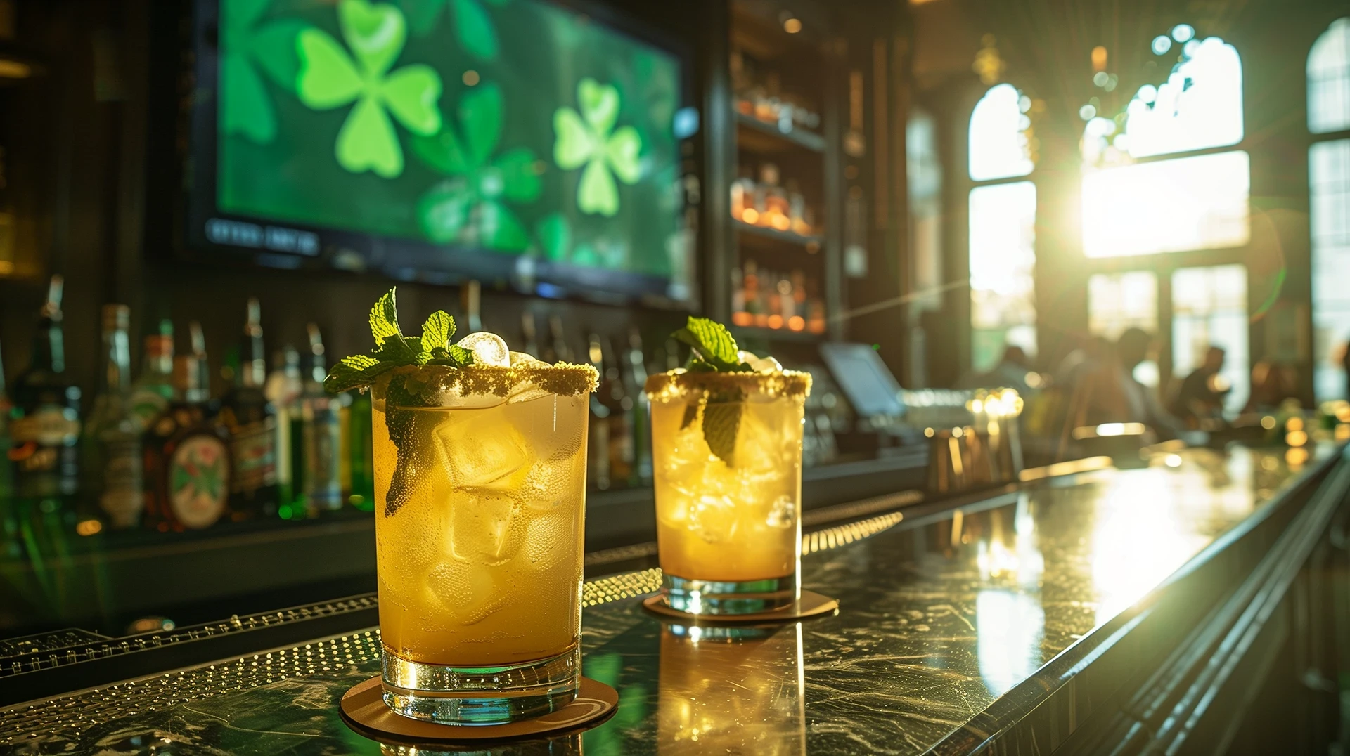 St. Patty's theme bar with two drinks