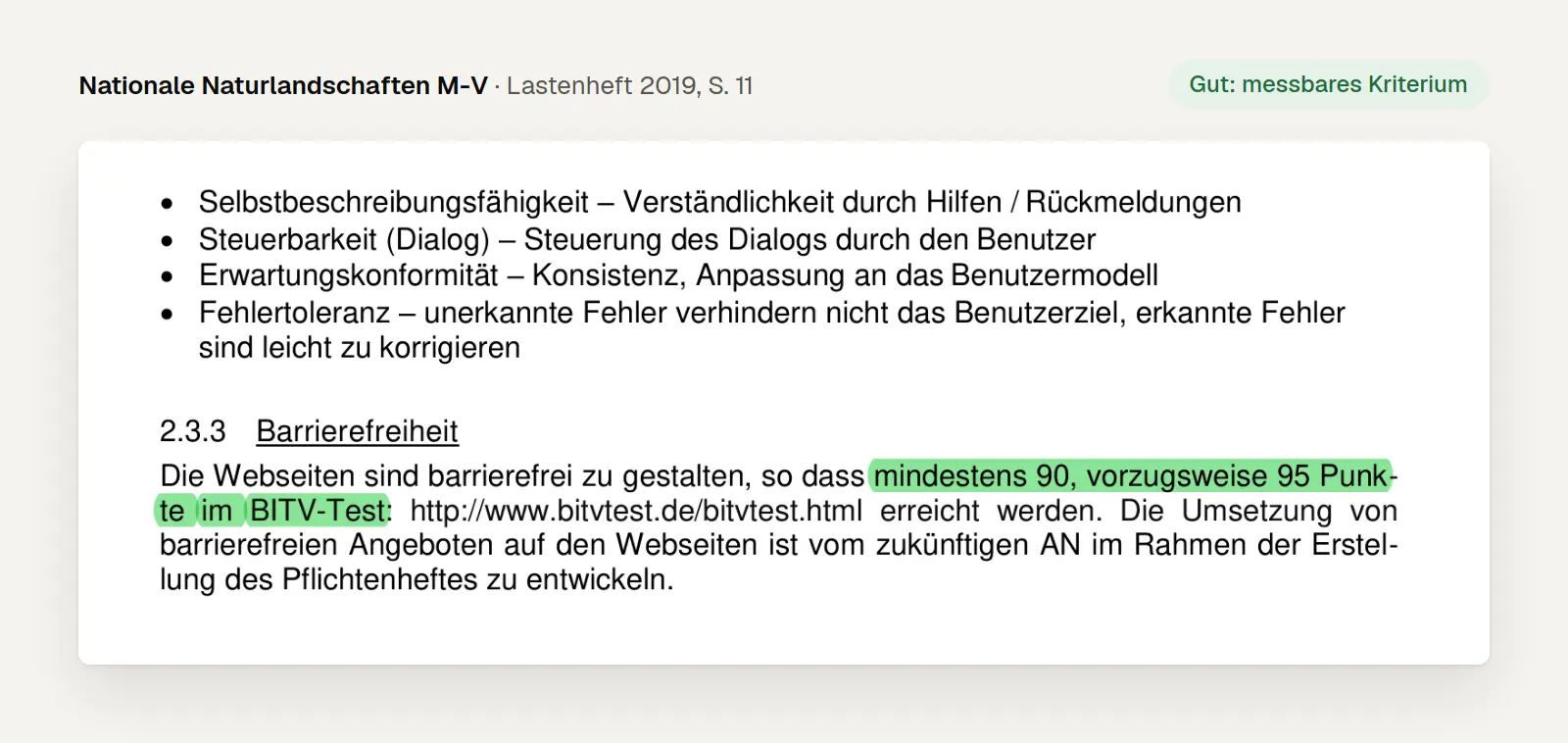 Ausschnitt aus dem Lastenheft Mecklenburg-Vorpommern 2019, Seite 11: Barrierefreiheit mit mindestens 90 Punkten im BITV-Test