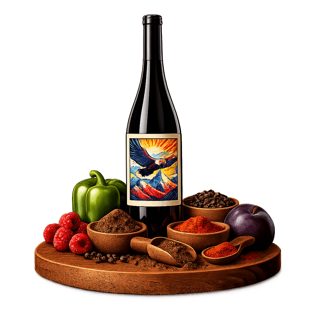 Artistic label and flavor profile for Chilean Carménère on a rustic wooden table.