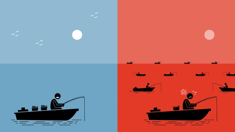 Image showing a boat floating on a blue ocean compared to a boat and many other boats floating on a red ocean.
