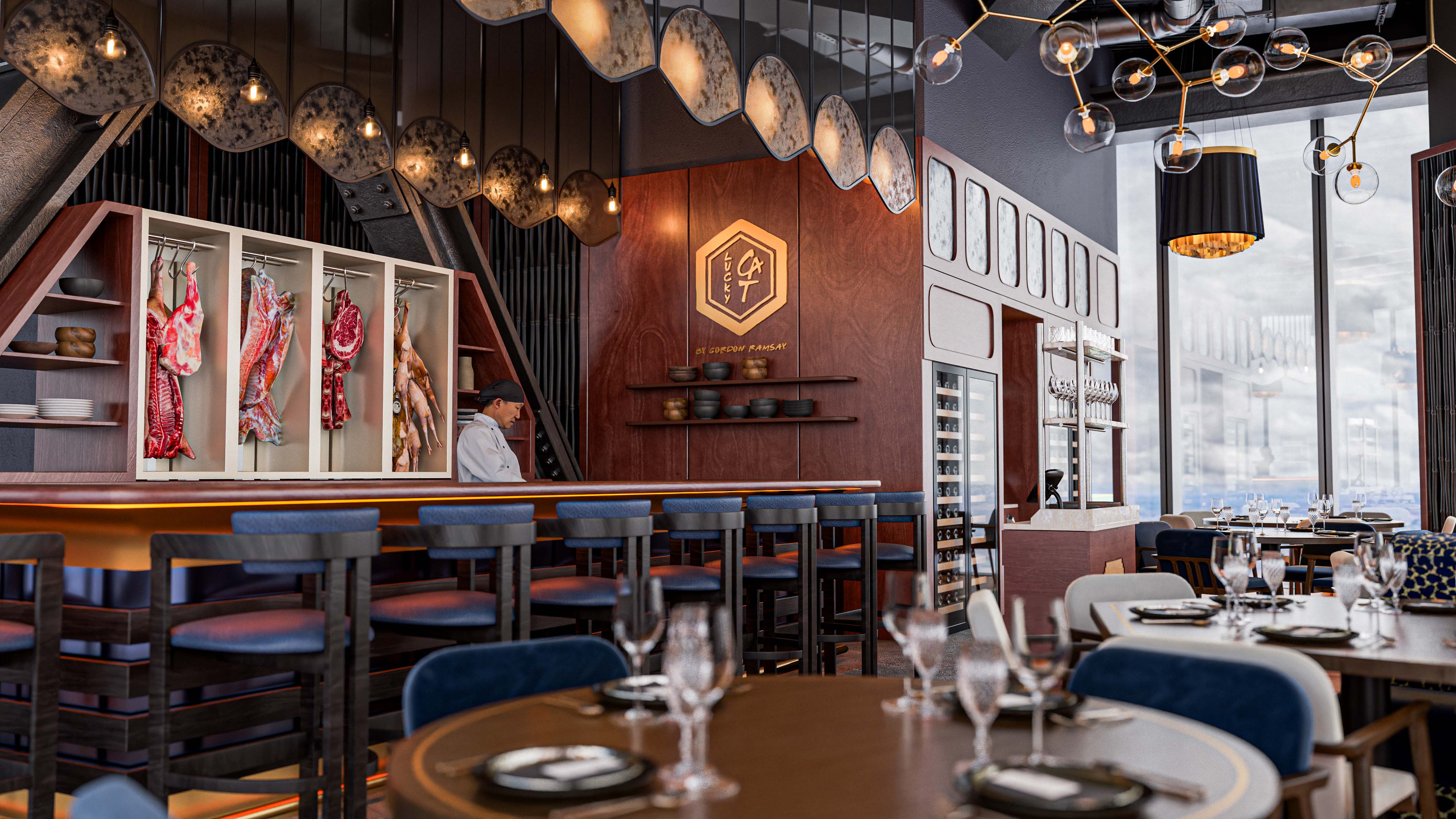 Bar interior at Lucky Cat Restaurant by Gordon Ramsay in London, located in 22 Bishopsgate, designed by Russell Sage Studio, CGI by Pixelspaces James Lyons