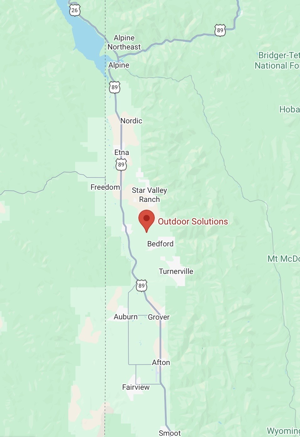 Map of Star Valley, Wyoming showing Outdoor Solutions between Star Valley Ranch and Bedford, with Afton, Etna, Alpine and other nearby towns