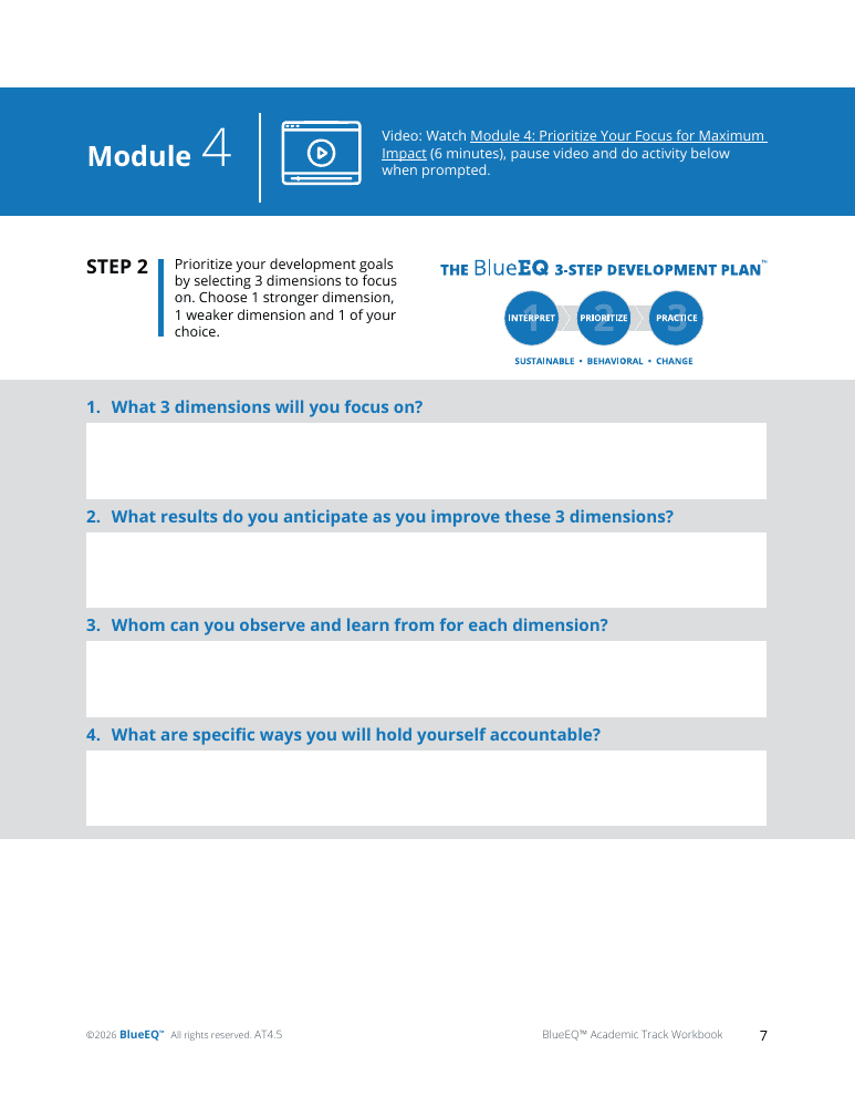 Workbook example guiding students to prioritize three EQ dimensions for development