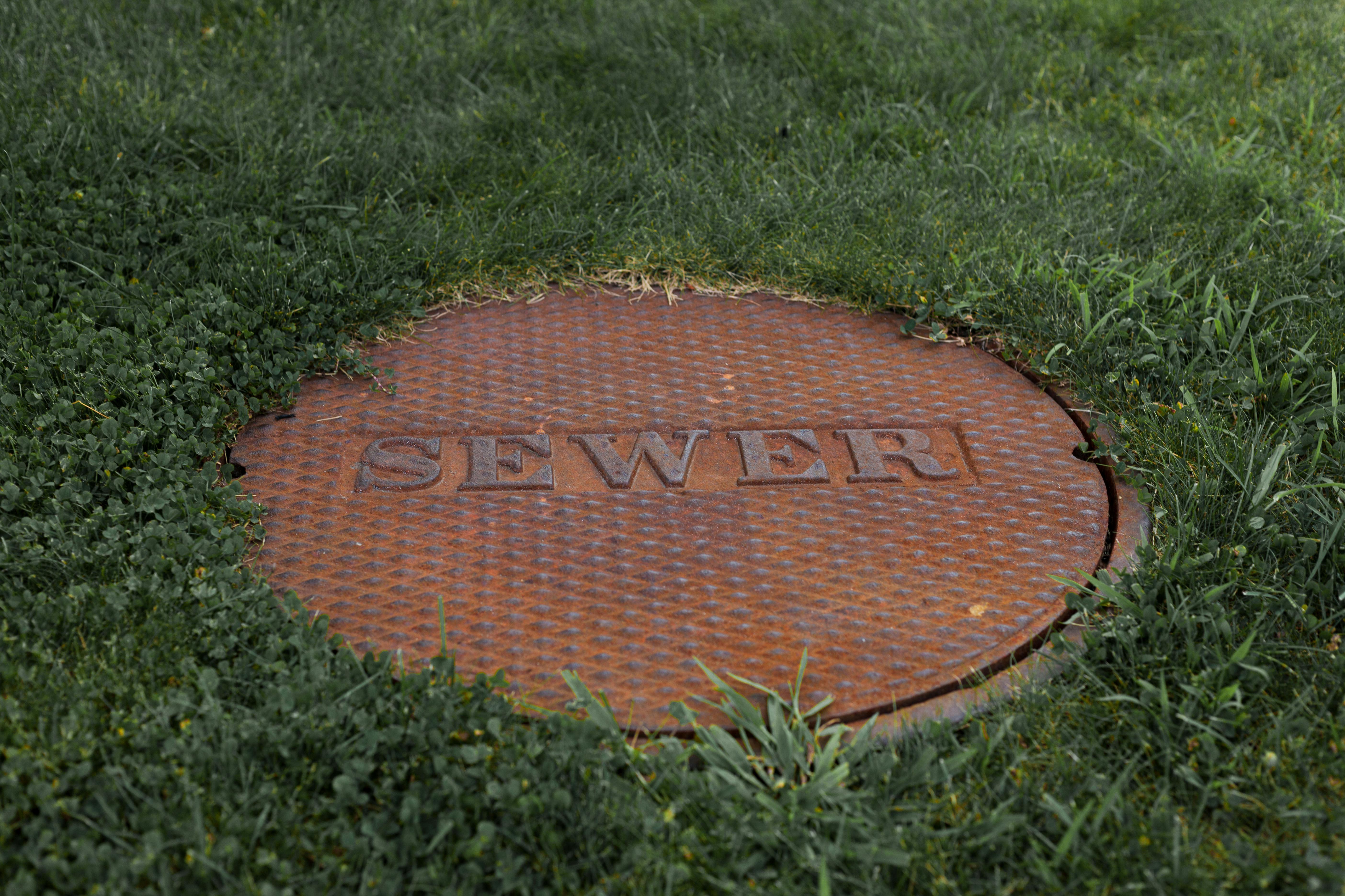 Round metal sewer access cover set in grass.