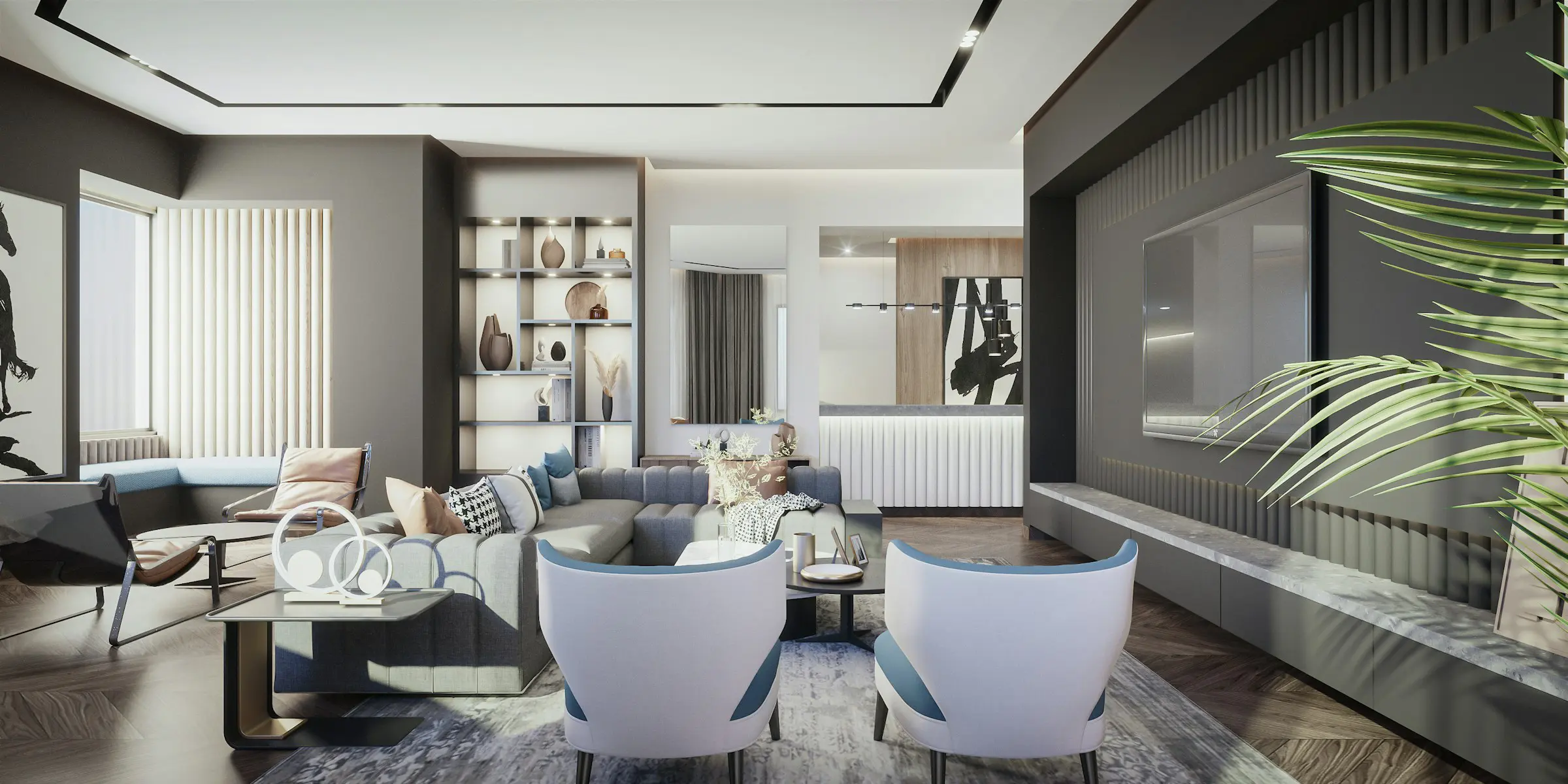 Comfortable living room with sofa, coffee table, and soft lighting