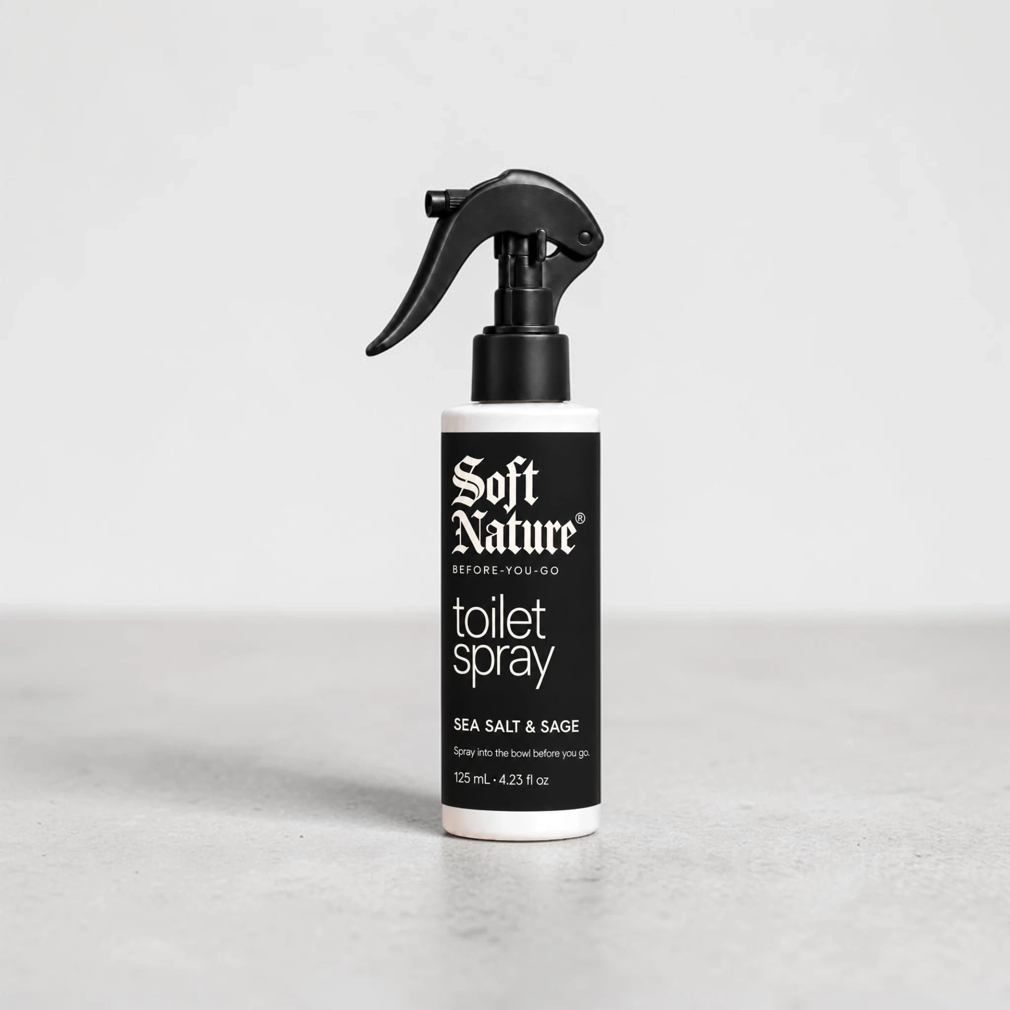 SOFT NATURE Sea Salt & Sage before-you-go toilet spray, 125 mL bottle with a black label and black trigger sprayer.