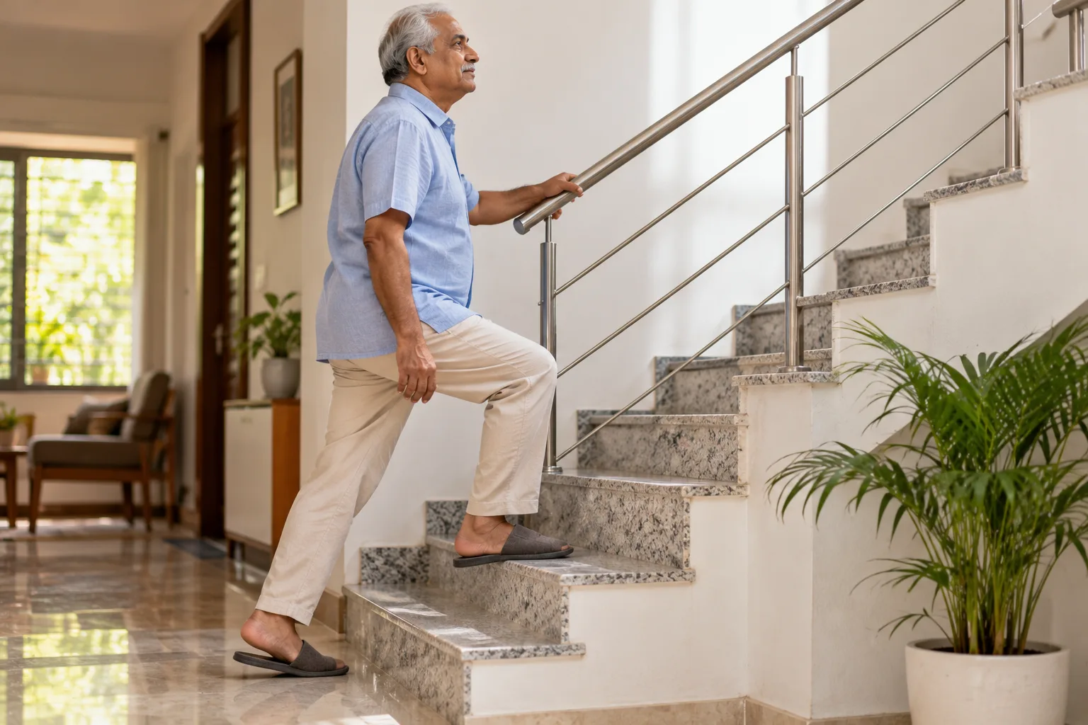 Older man climbing stairs while holding the handrail, building knee strength for daily activities