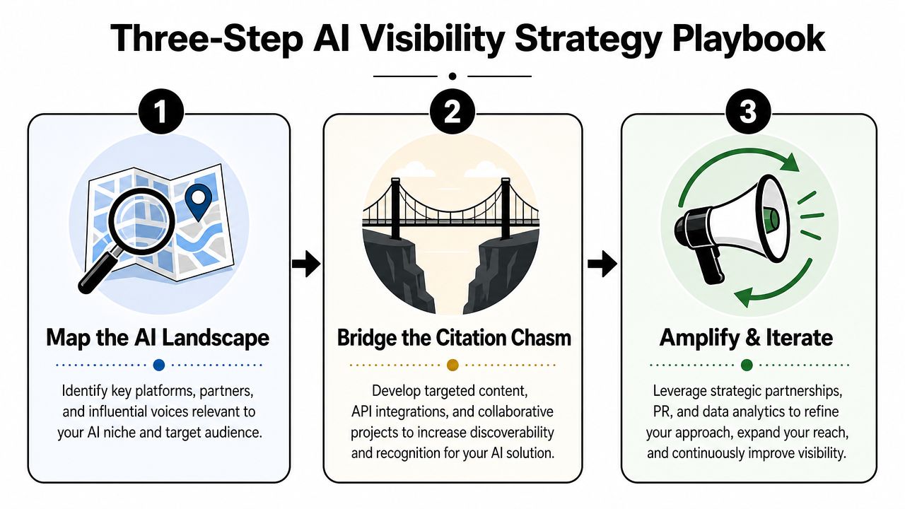 A three-step AI visibility strategy playbook graphic illustrating how to map, bridge, and amplify AI solution presence.