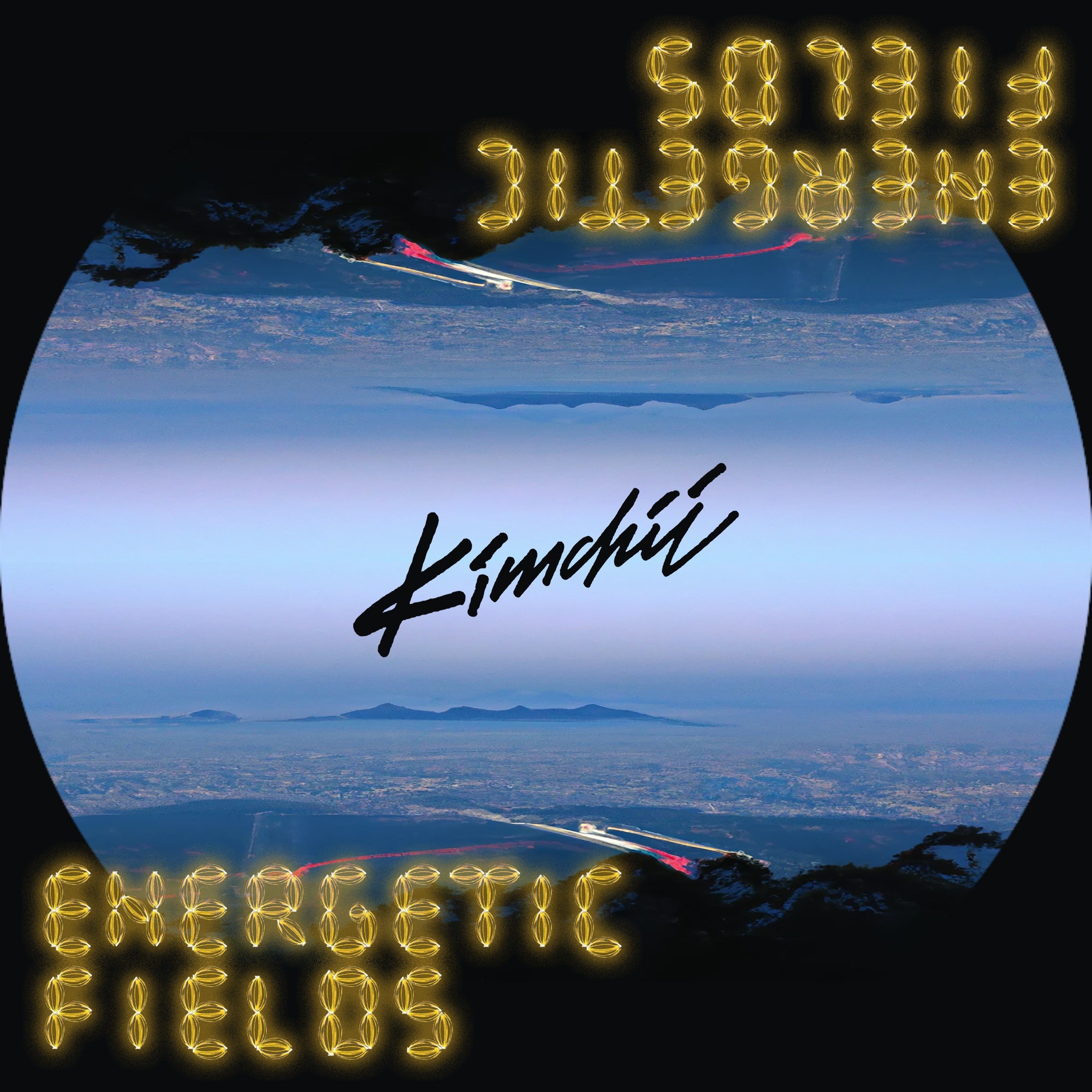 Energetic Fields album cover concept with a mirrored landscape, Kimchii wordmark and glowing yellow lettering