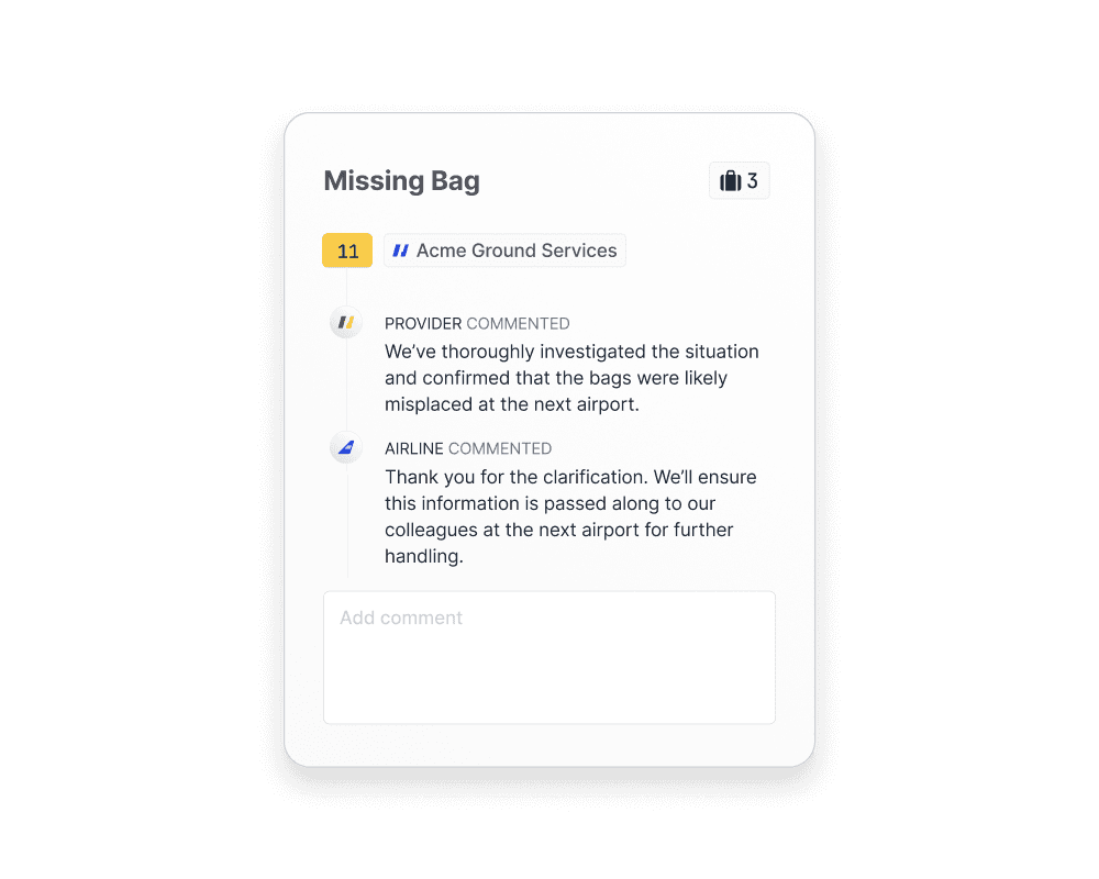 A web-app interface shows a conversation thread titled "Missing Bag," displaying responses from airline service providers discussing analytics and solutions related to misplaced luggage, emphasizing innovation and performance in aviation.