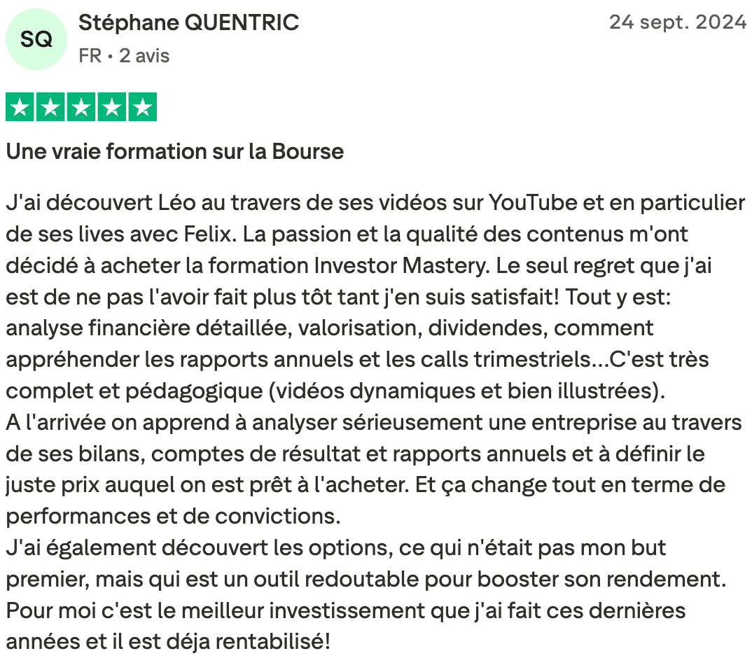 Avis Trustpilot 5 étoiles – Stéphane Quentric, France, formation bourse complète avec analyse financière et options, coaching Léo-Paul