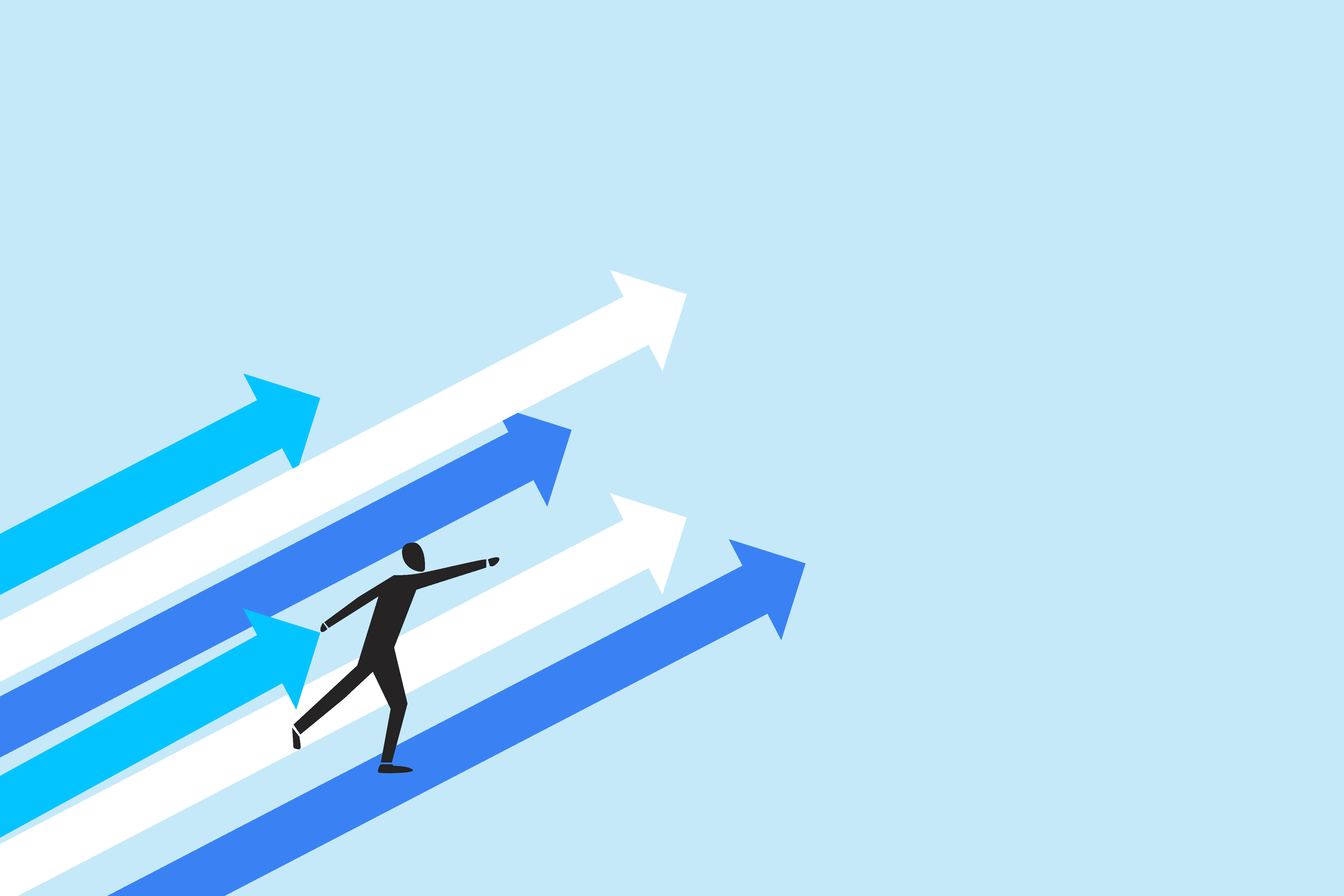 Person riding on upward trajectory arrow