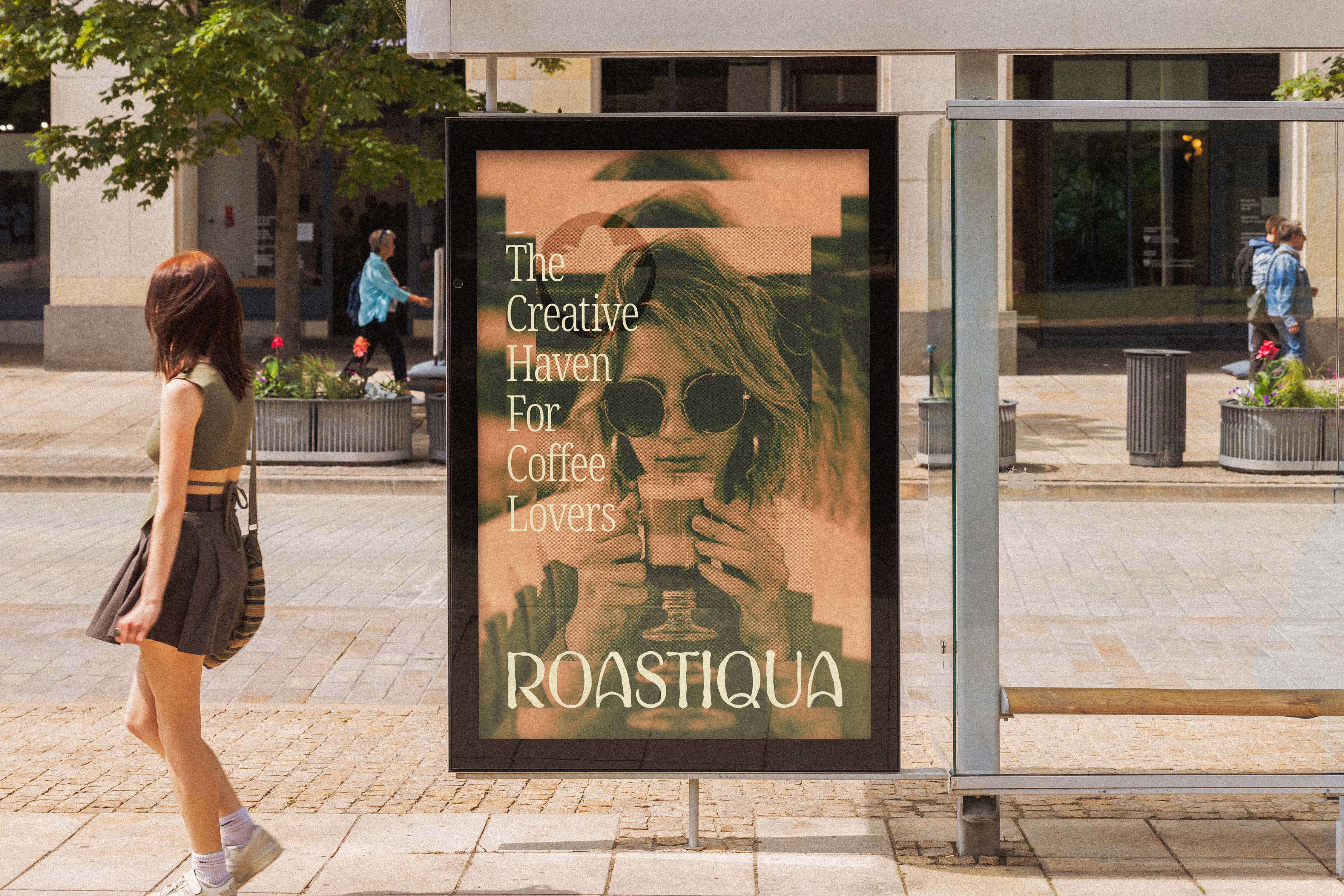 Street-side poster of a young woman enjoying coffee with the headline at an urban tram stop - Roastiqua, a specialty coffee brand identity.