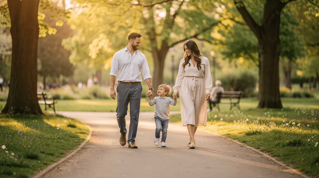 A family with young children is walking together in a park, enjoying the outdoors and spending quality time. This joyful scene highlights the importance of family connections, which can be a key focus during divorce mediation processes, especially when addressing child custody and parenting plans in Orange County.