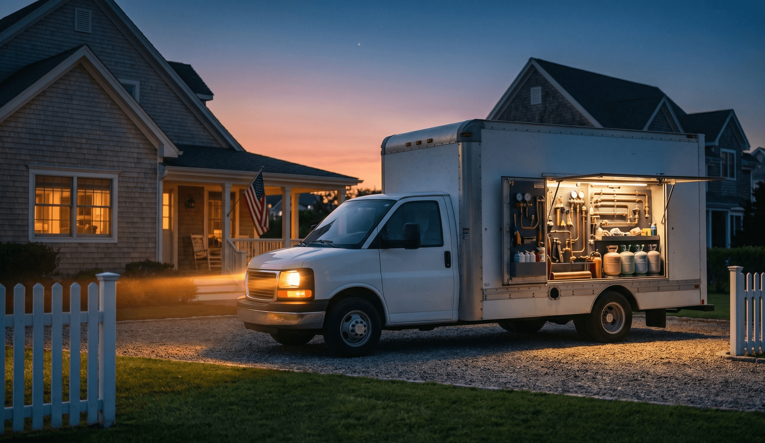 HVAC contractor van in a US suburban driveway at dusk — represents owner-operator HVAC contractors EXELVO is built for.